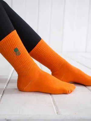 Ananas Desenli Nakış İşlemeli Turuncu Çorap
