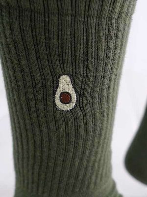 Avokado Desenli Nakış İşlemeli Haki Çorap 1